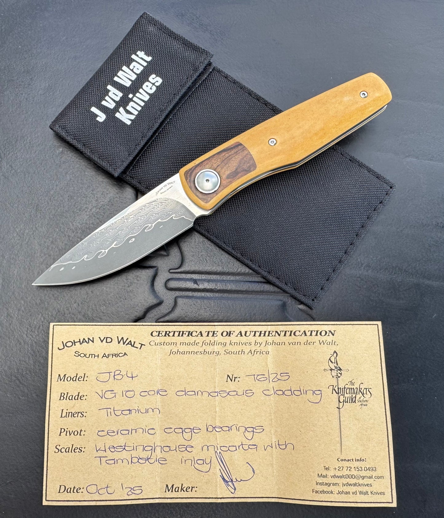 Johan Van Der Walt Model JB4 Damascus with Westinghouse Micarta and Tambotie Wood Inlay