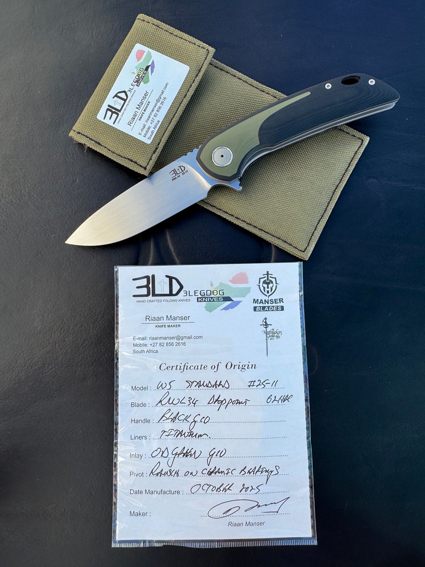 3LD Model W5 Standard RWL 34 Blade with Green G10 Inlay (Riaan Manser)