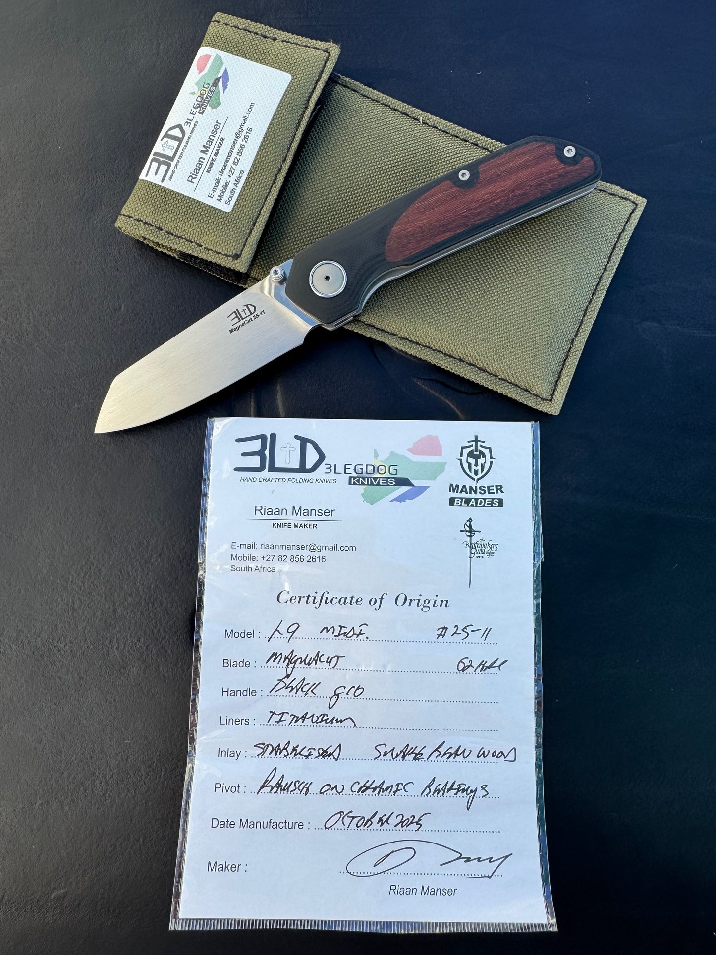 3LD Model L9 Midi Custom Folding Knife (Snake Bean Wood Inlay)