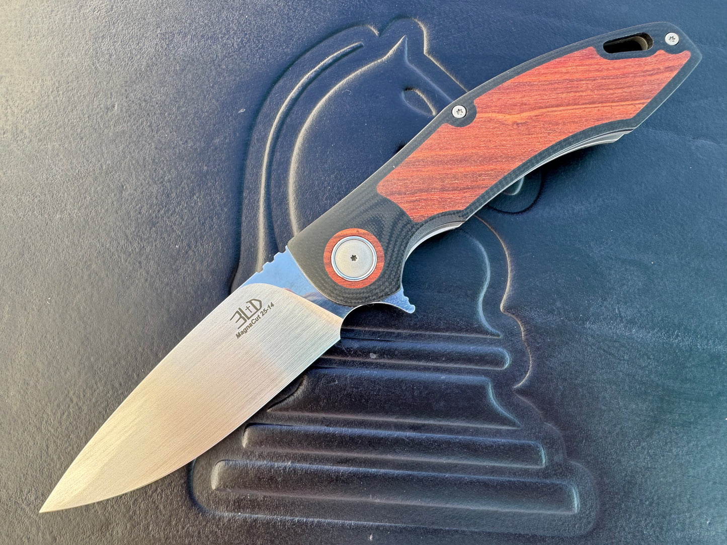 3LD Model H4 Standard Magnacut Custom Folding Knife with Snake Bean Wood Inlay (Riaan Manser)