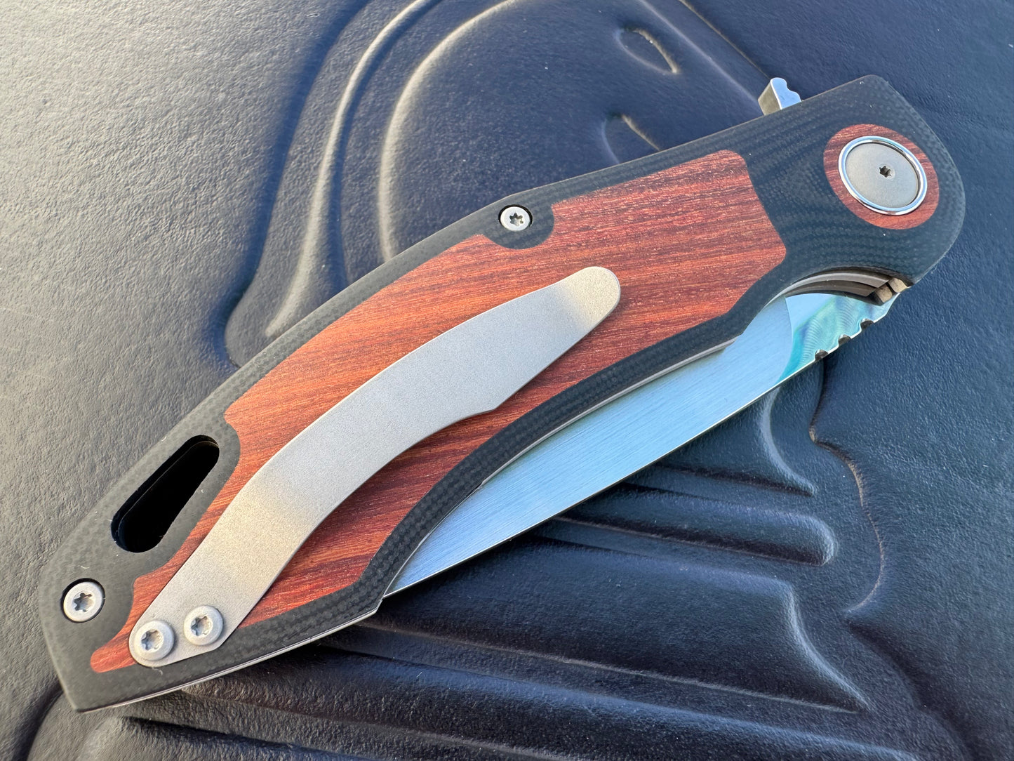 3LD Model H4 Standard Magnacut Custom Folding Knife with Snake Bean Wood Inlay (Riaan Manser)
