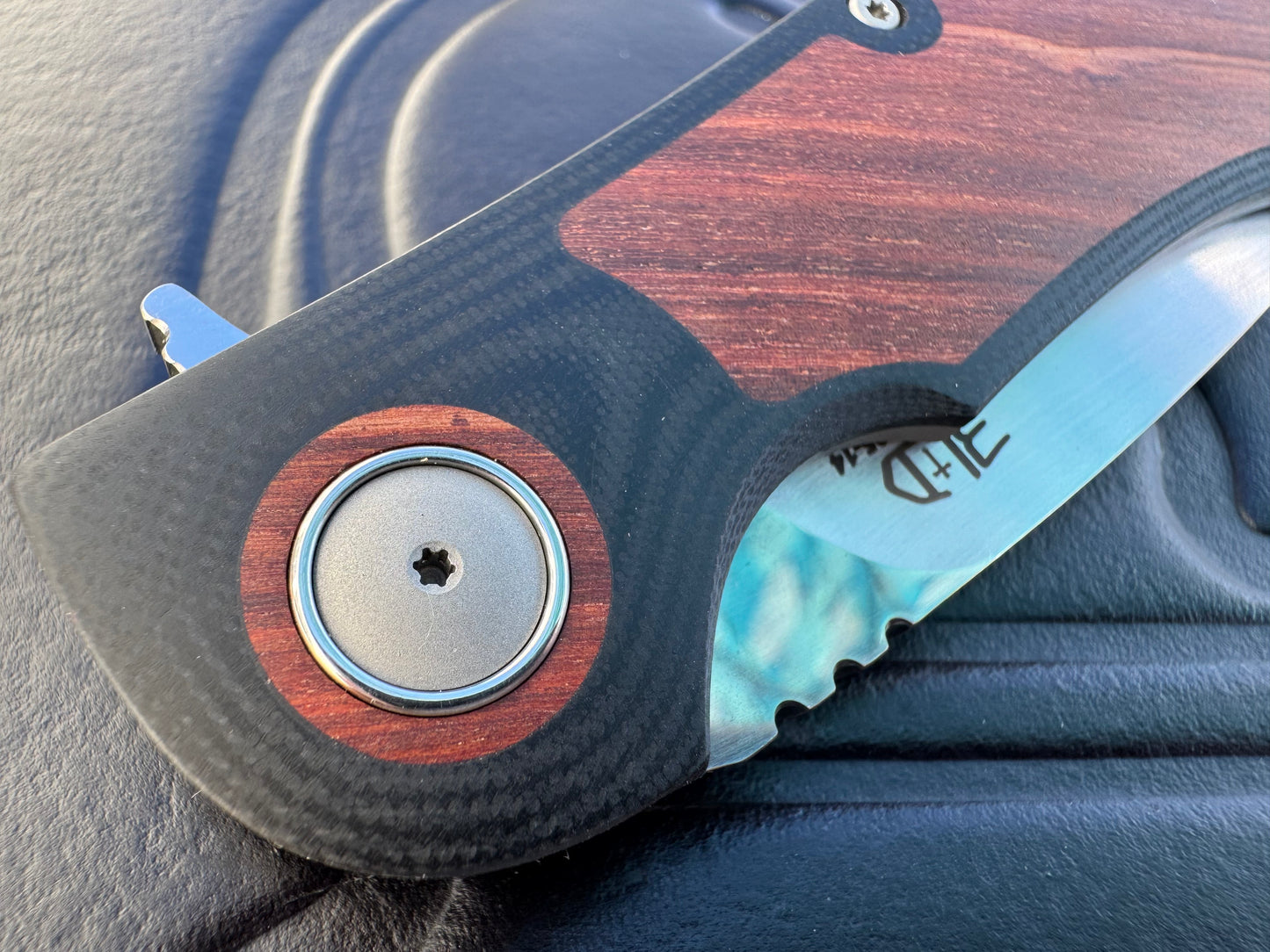 3LD Model H4 Standard Magnacut Custom Folding Knife with Snake Bean Wood Inlay (Riaan Manser)