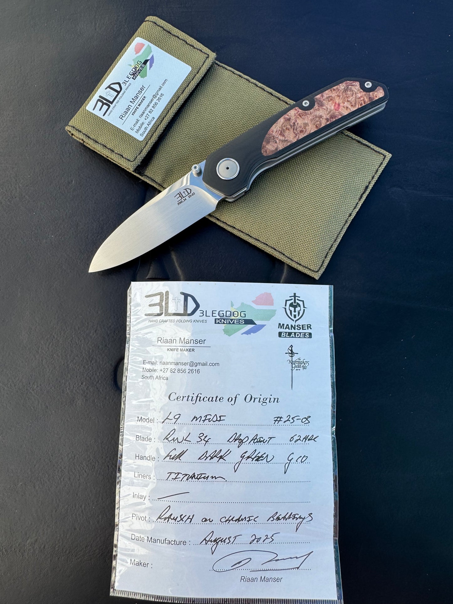 3LD Model L9 Midi Custom Folding Knife with Burl Inlay (Riaan Manser)