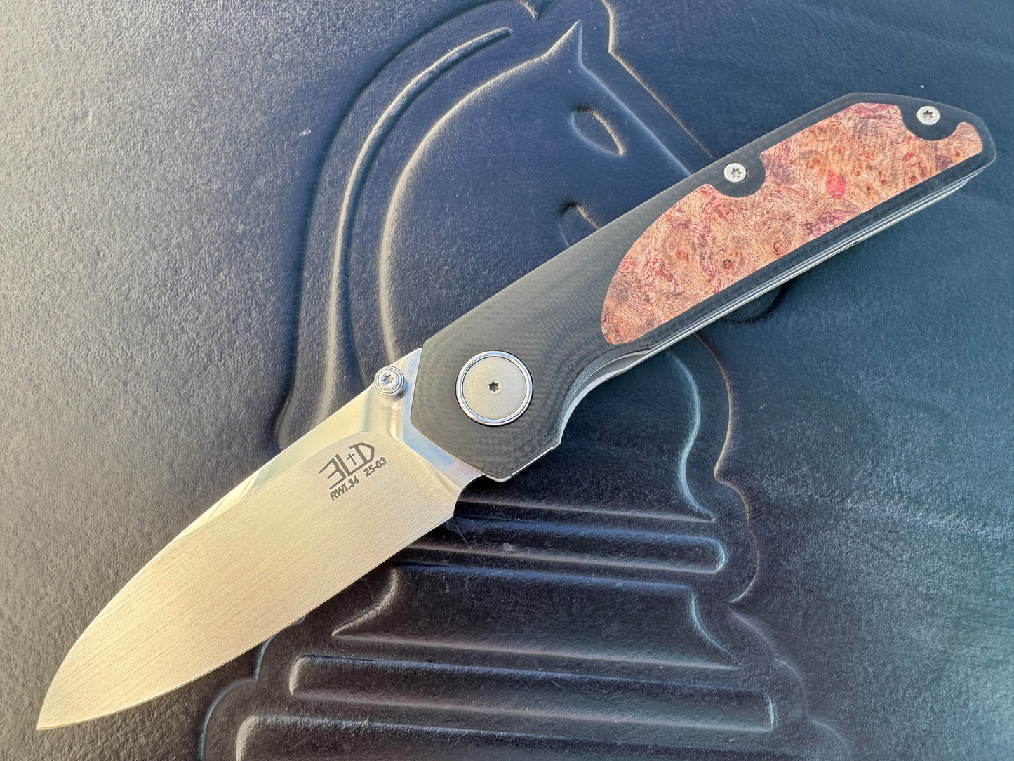 3LD Model L9 Midi Custom Folding Knife with Burl Inlay (Riaan Manser)