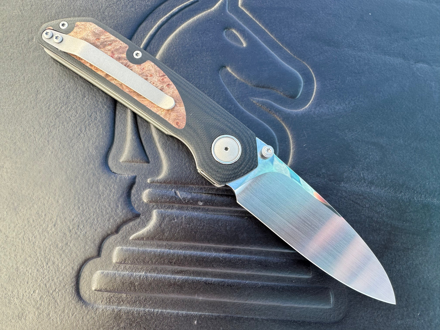 3LD Model L9 Midi Custom Folding Knife with Burl Inlay (Riaan Manser)