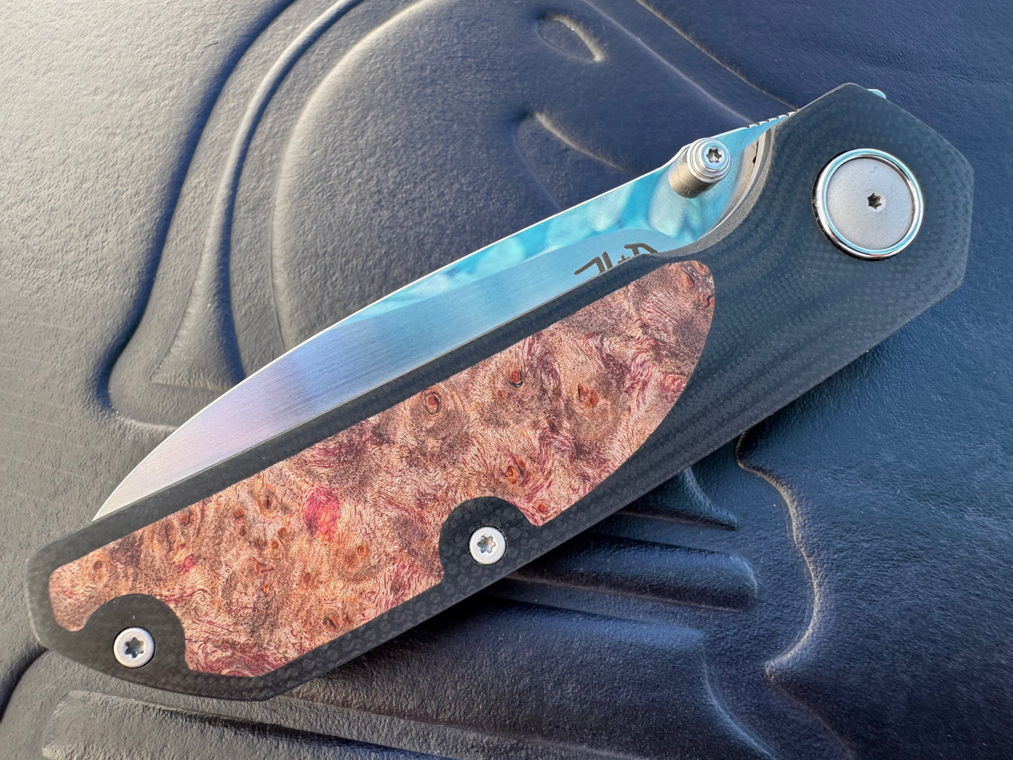 3LD Model L9 Midi Custom Folding Knife with Burl Inlay (Riaan Manser)