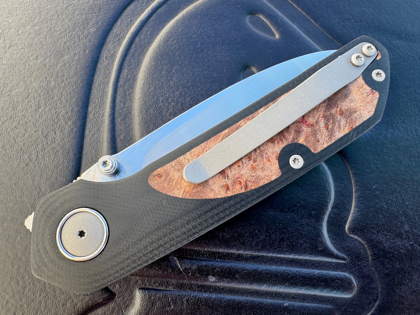 3LD Model L9 Midi Custom Folding Knife with Burl Inlay (Riaan Manser)