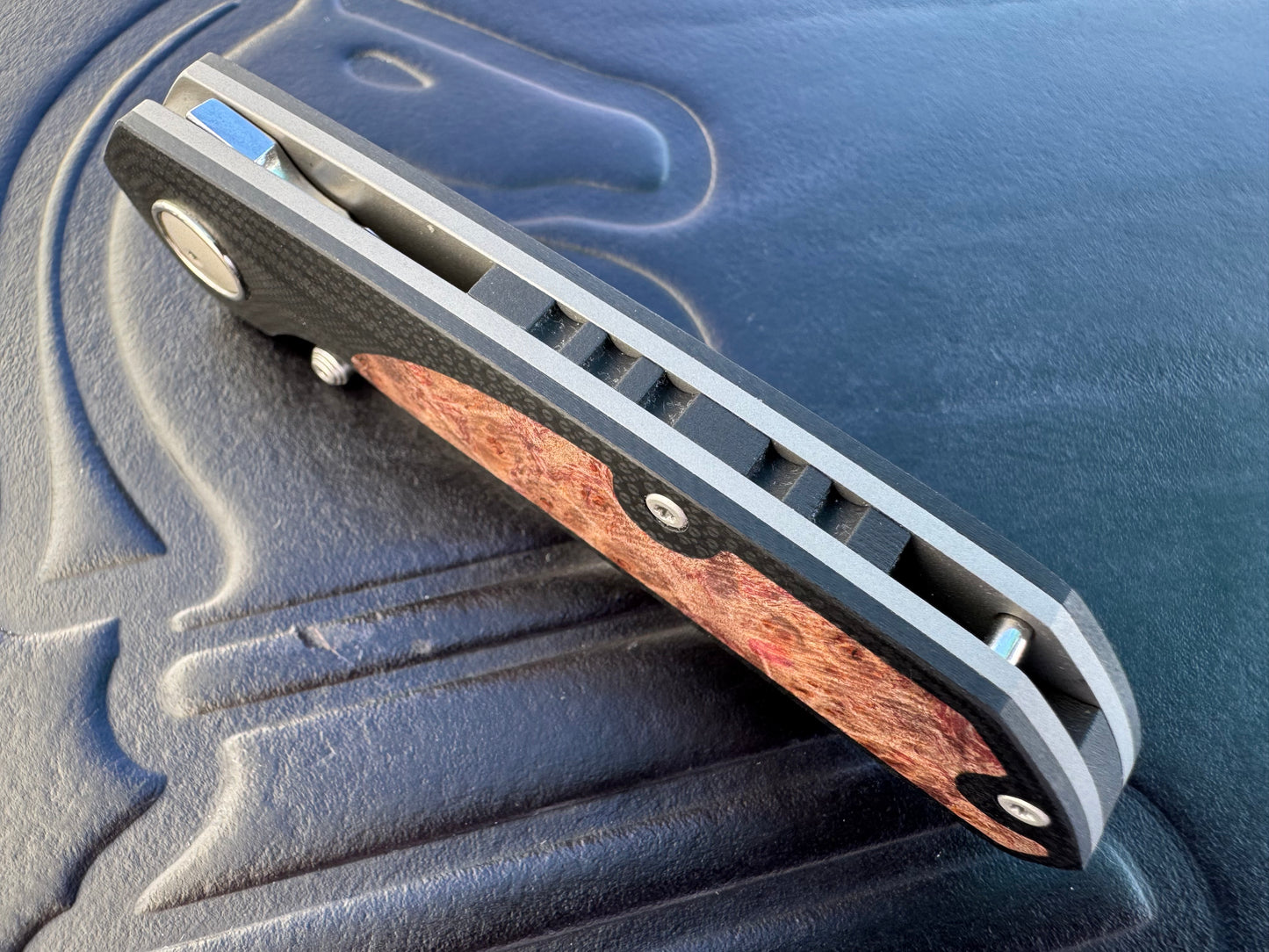 3LD Model L9 Midi Custom Folding Knife with Burl Inlay (Riaan Manser)