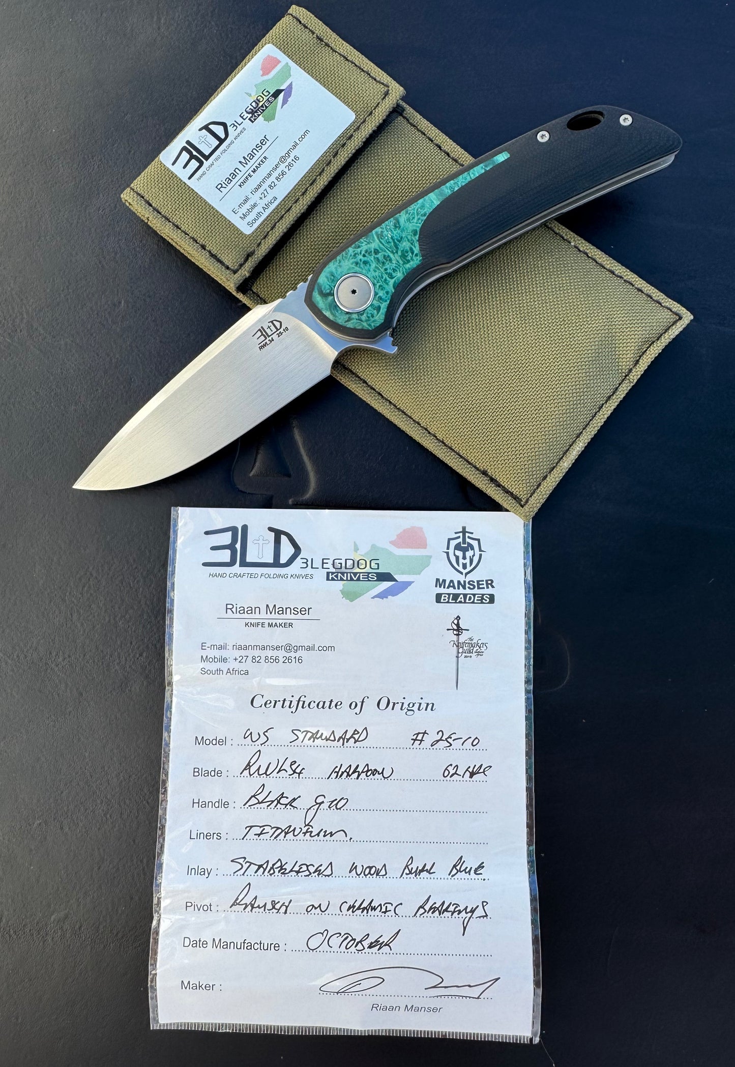 3LD Model W5 Standard Custom Knife RWL 34 Satin Blade with Blue Burl Wood Inlay