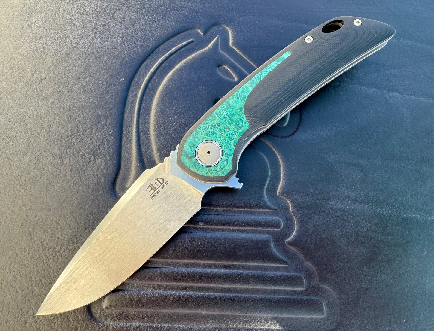 3LD Model W5 Standard Custom Knife RWL 34 Satin Blade with Blue Burl Wood Inlay