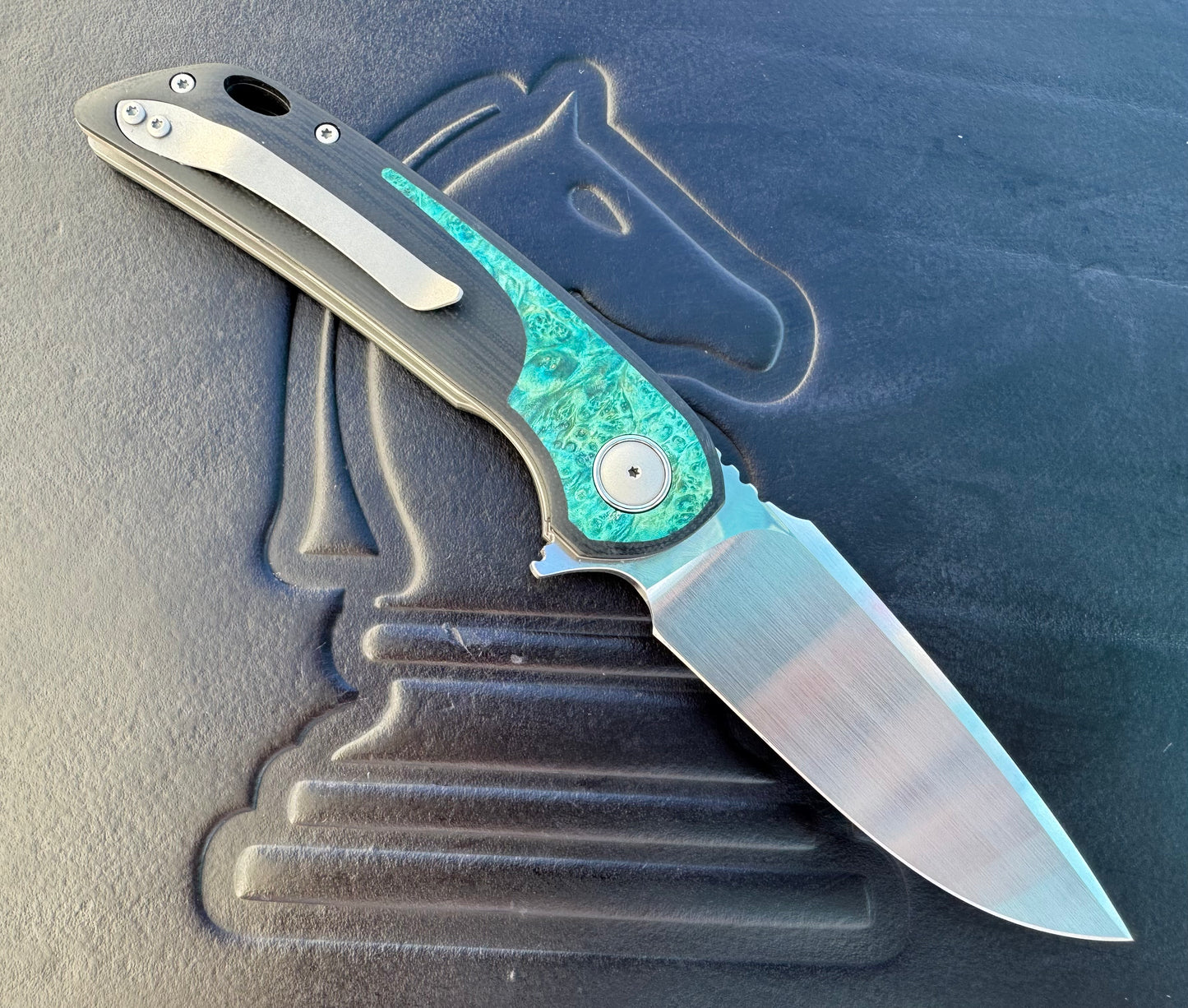 3LD Model W5 Standard Custom Knife RWL 34 Satin Blade with Blue Burl Wood Inlay