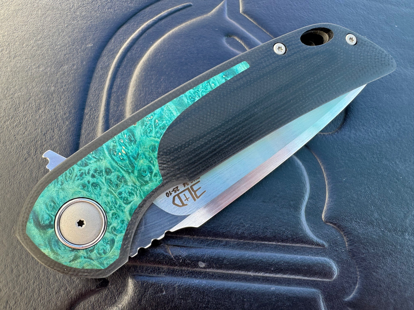 3LD Model W5 Standard Custom Knife RWL 34 Satin Blade with Blue Burl Wood Inlay