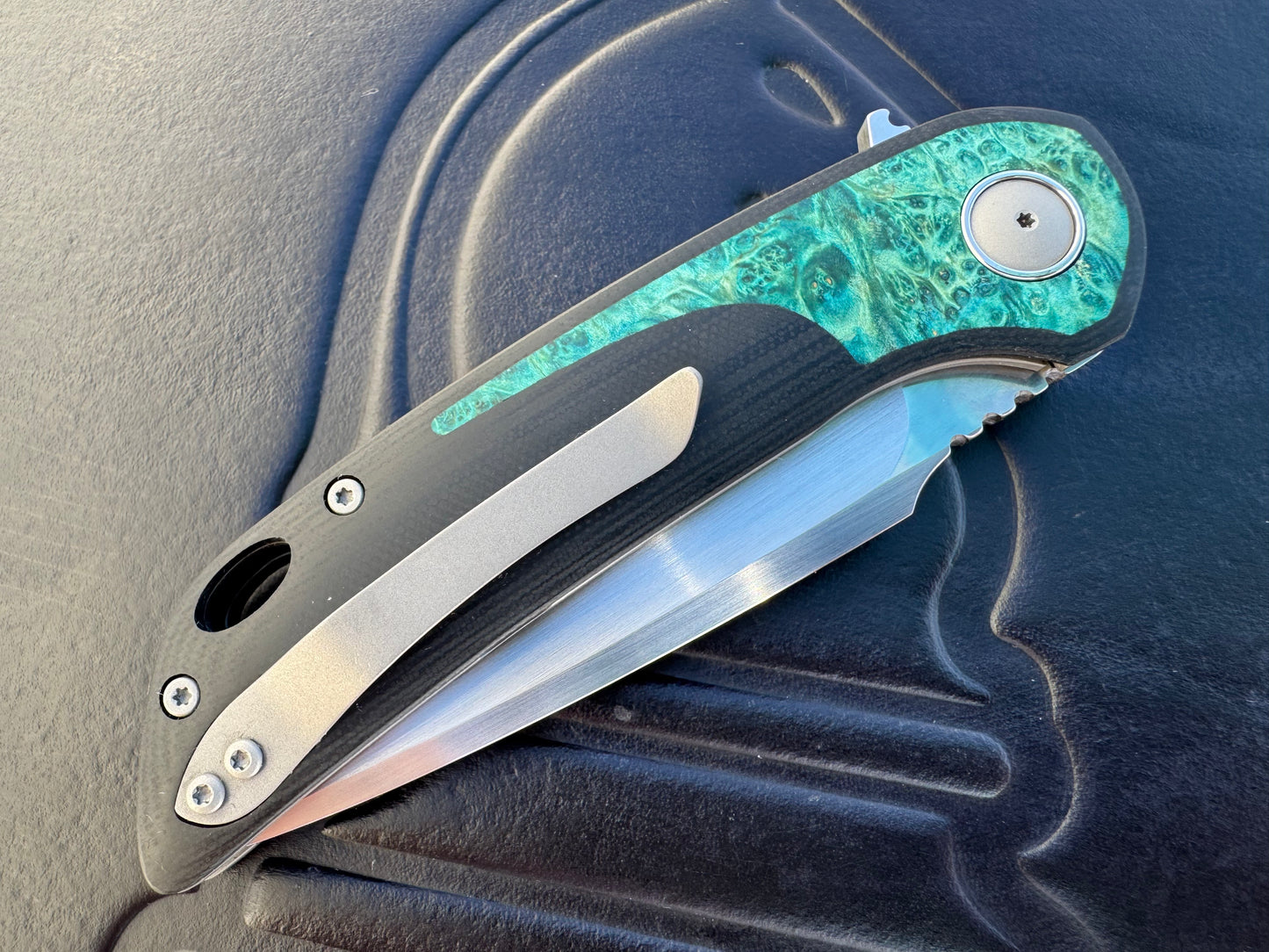 3LD Model W5 Standard Custom Knife RWL 34 Satin Blade with Blue Burl Wood Inlay