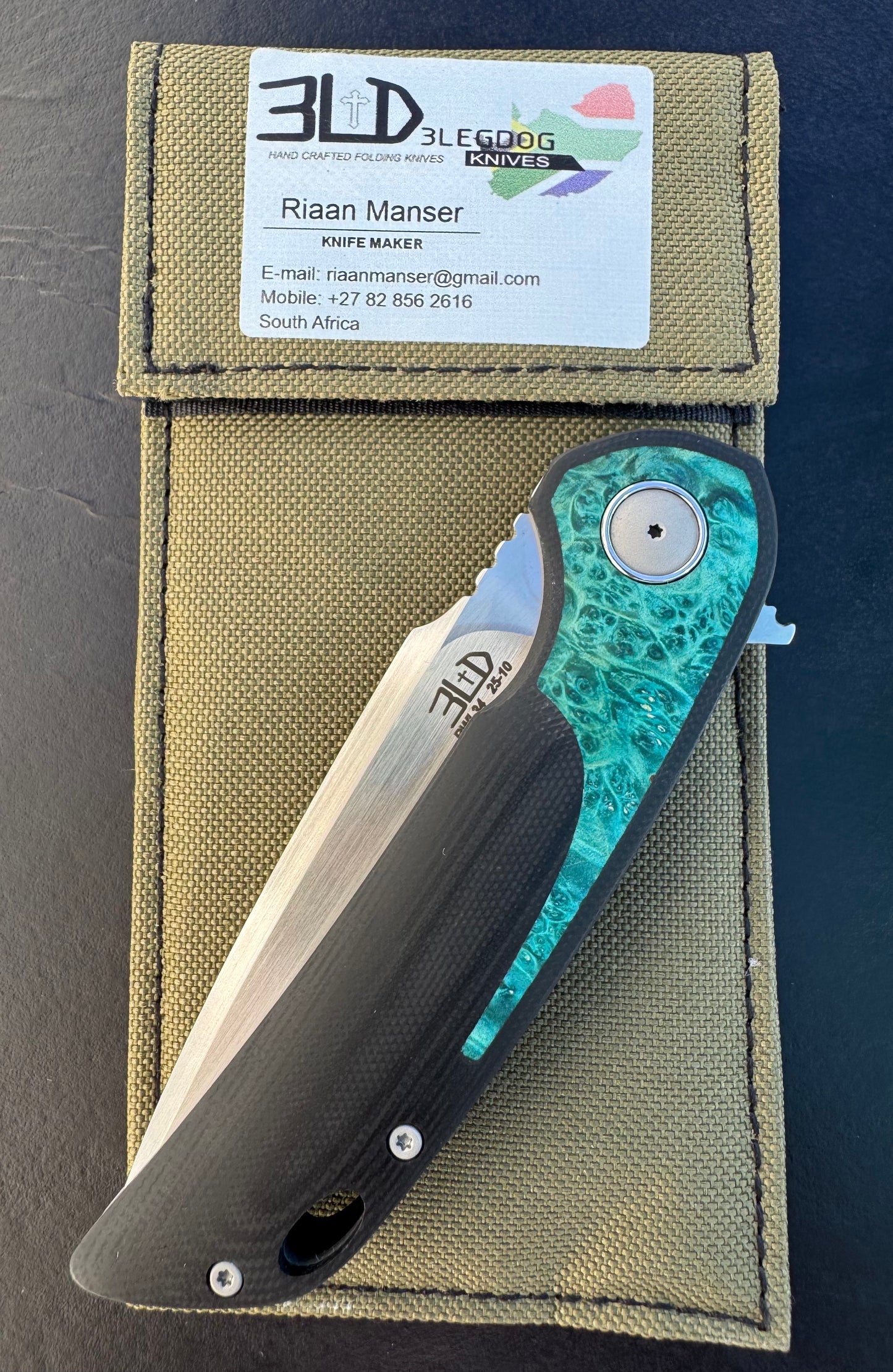 3LD Model W5 Standard Custom Knife RWL 34 Satin Blade with Blue Burl Wood Inlay