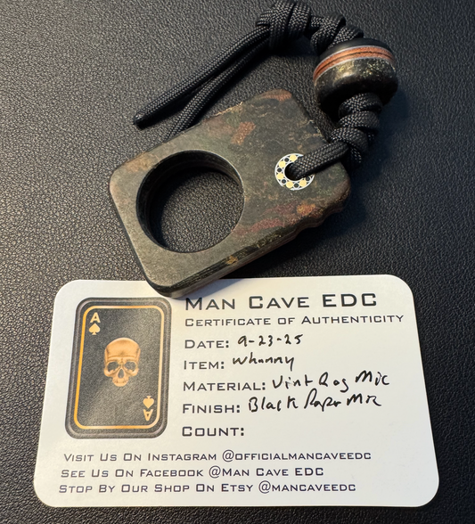 Man Cave EDC Pocket Charm with Vintage Rag Micarta and Black Paper Micarta and Matching Bead